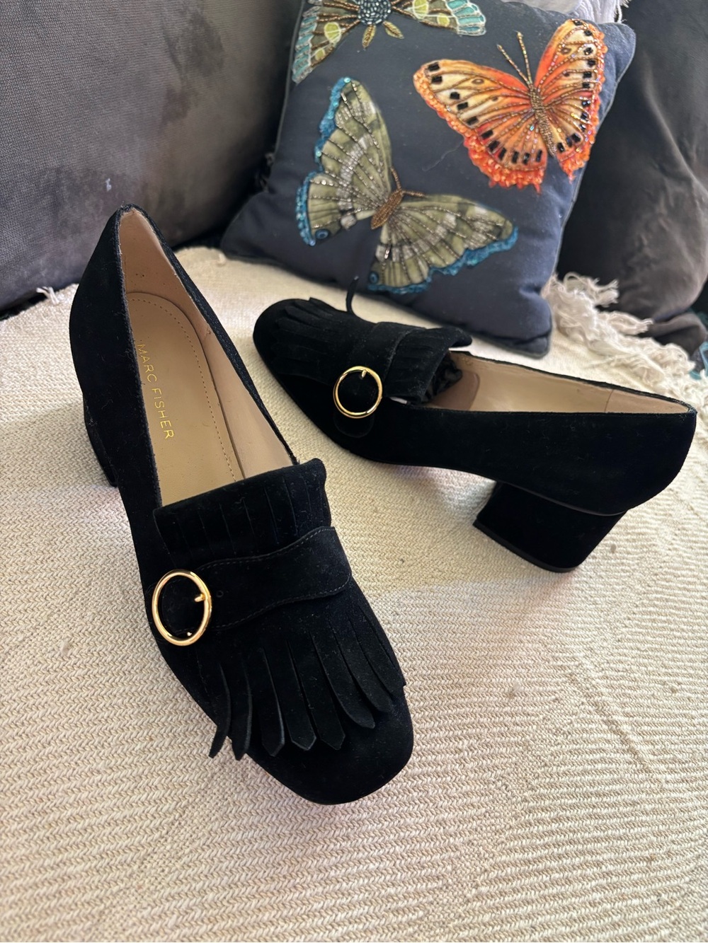 Mark Fisher Black Suede Block
Heel & Fringe Loafer Size 8.5 M - Picture 13 of 13